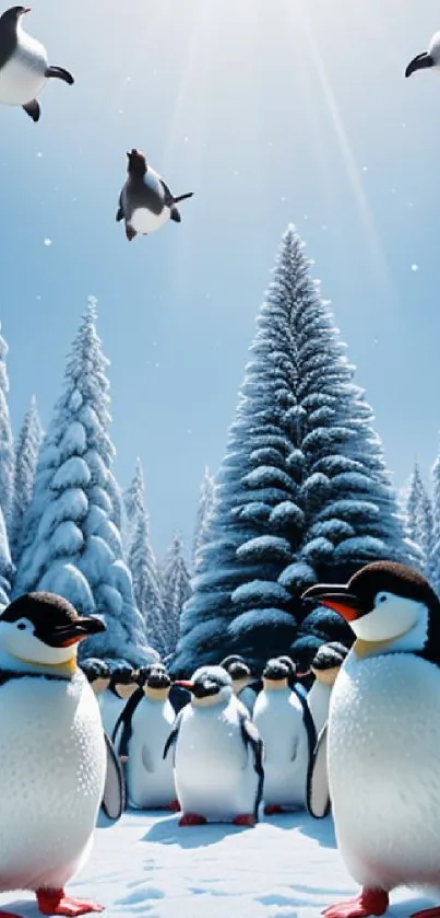 Group of penguins in snowy forest under clear blue sky.