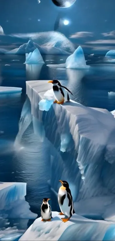 Penguins standing on icy cliffs under a starry sky.