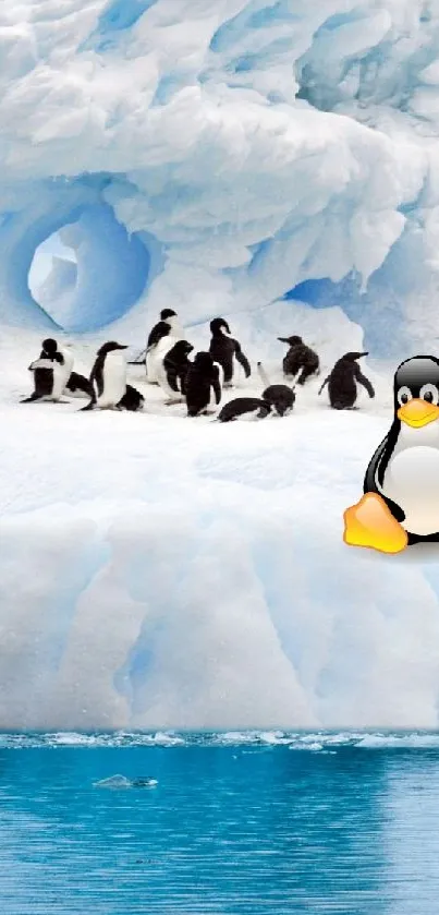 Penguins on icy landscape with serene blue tones.