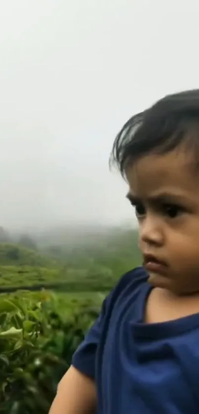 A young child in a blue shirt stands against a lush green landscape.