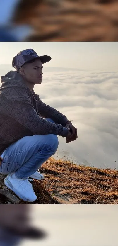 Man sitting above clouds in a peaceful outdoor scene.