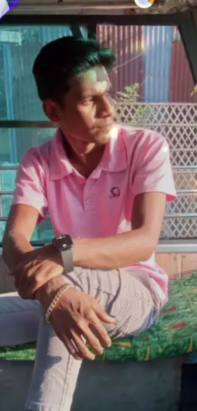 Individual sitting by window in sunlight.