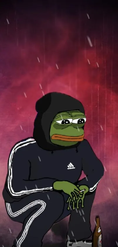 Pepe the Frog in hoodie, sitting with rain background.