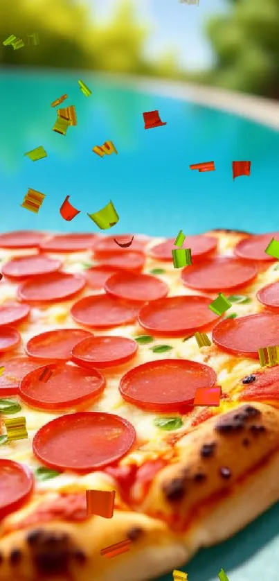 Pepperoni pizza by a blue poolside, vibrant and appetizing.