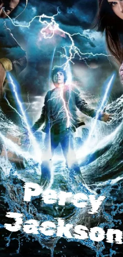 Percy Jackson with lightning effects in a fantasy scene.