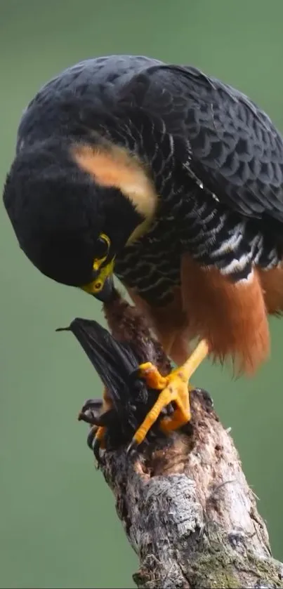 Peregrine falcon perched on branch with prey.