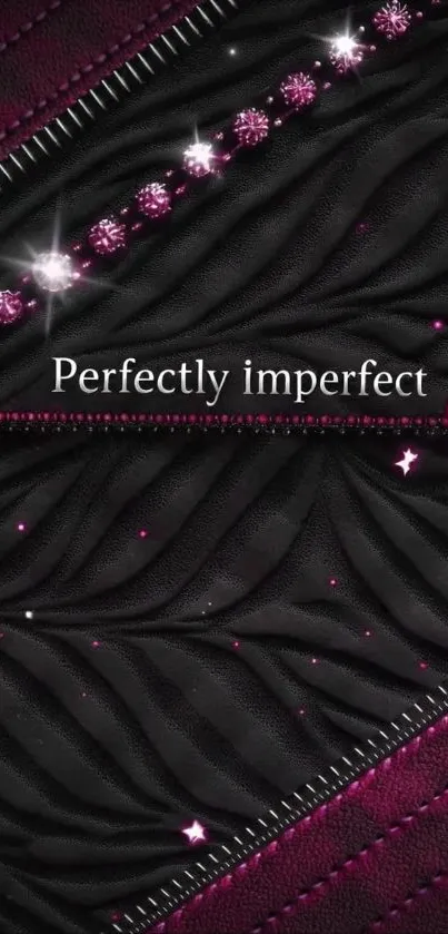 Elegant mobile wallpaper with black and purple patterns and 'Perfectly Imperfect' text.