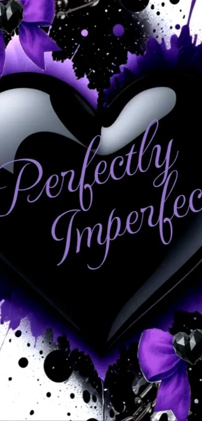 Purple heart wallpaper with 'Perfectly Imperfect' text and floral accents.