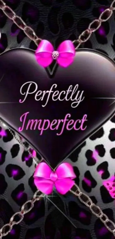 Heart with pink bows and butterflies on leopard print background.