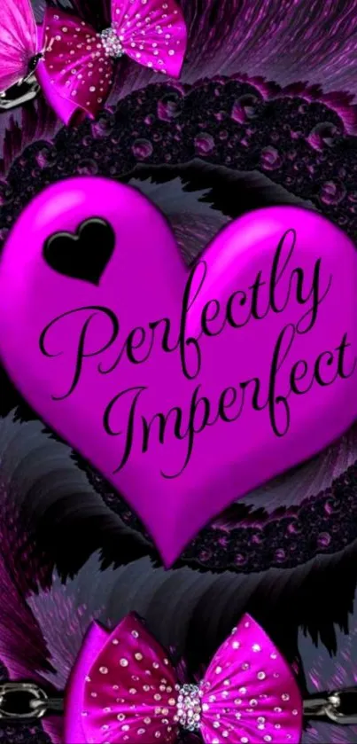 Hot pink heart with 'Perfectly Imperfect' text and bows on black lace.