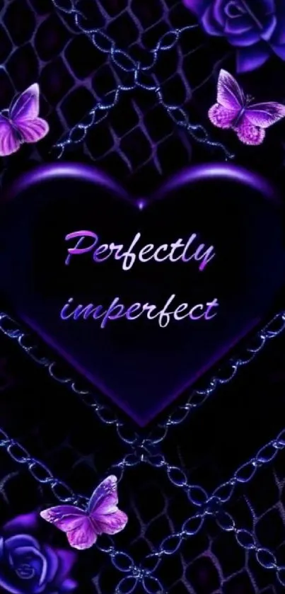 Heart-shaped design with purple butterflies and roses.