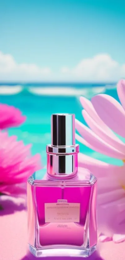Perfume bottle with flowers on a beach background.