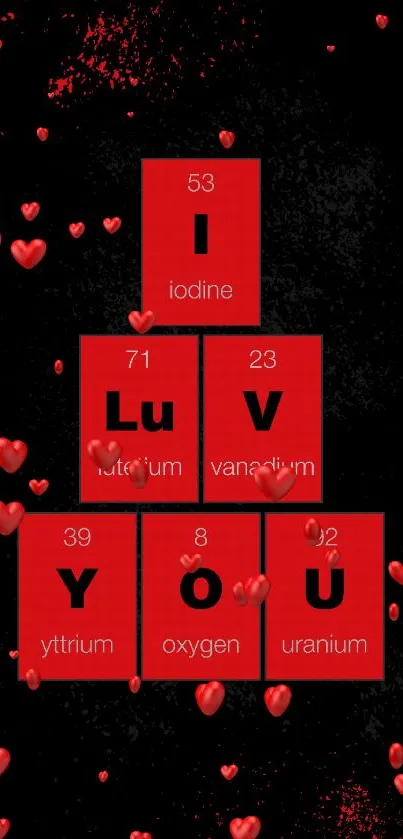 Periodic table themed wallpaper spelling 'I Luv You' with red and black colors.