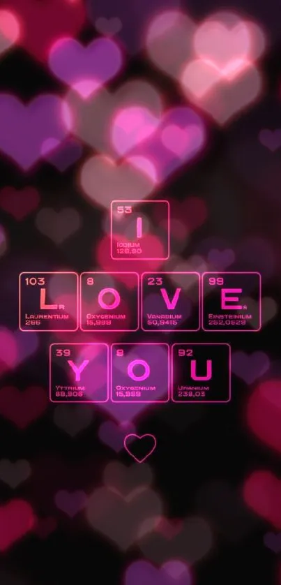 Periodic table elements spell 'I LOVE YOU' on black background.