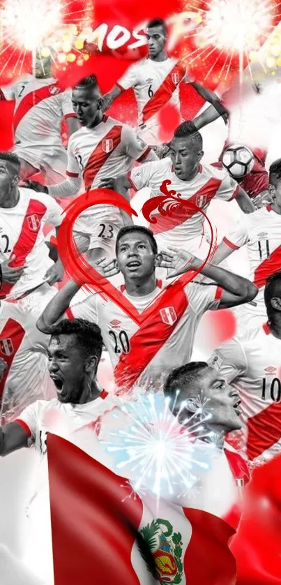 Vibrant Peru football team collage in red and white hues with energetic players.