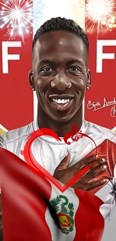 Peruvian football player with flag and heart symbol in vibrant wallpaper.