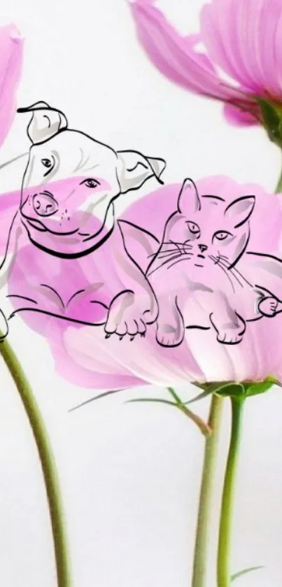 Illustrated dog and cat with pink flowers in the background.