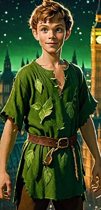 Peter Pan standing in London with leaves and stars.