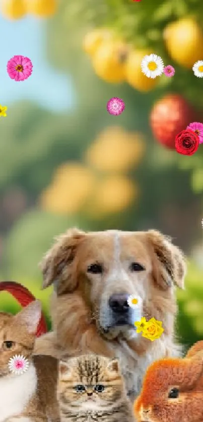 Pets sitting in a colorful fruit basket in a vibrant garden scene.