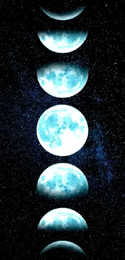 Mobile wallpaper of moon phases against a starry dark blue sky.