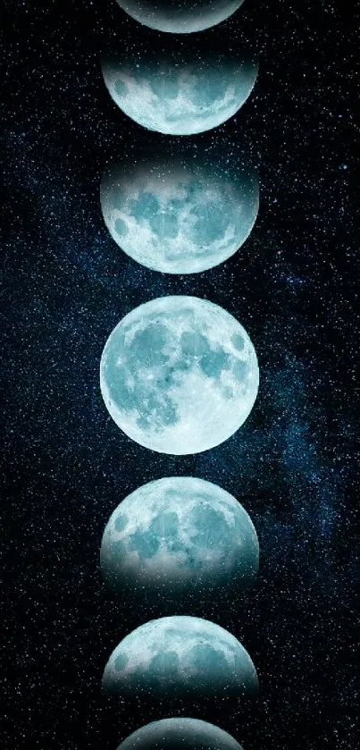 Vertical sequence of moon phases set against a starry night sky.