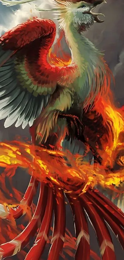 Majestic phoenix with fiery wings in dynamic sky background.