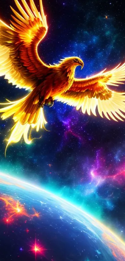 Majestic phoenix soaring over colorful cosmic universe.