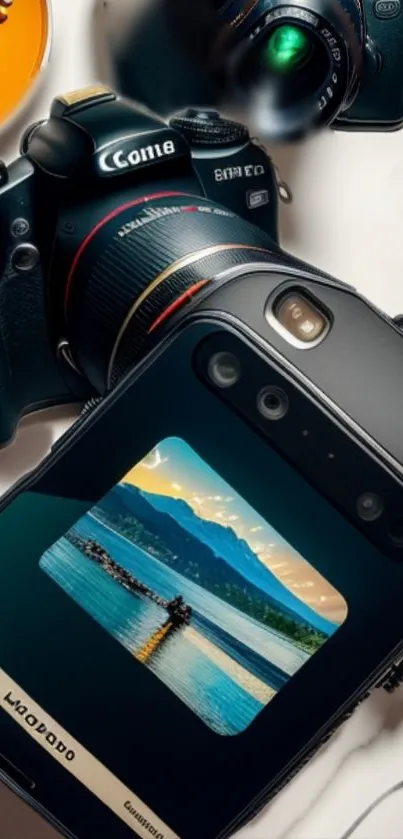 Mobile wallpaper with camera and smartphone display.