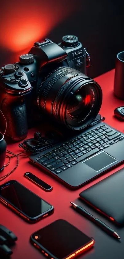 Photography equipment on red surface with gadgets and cameras.