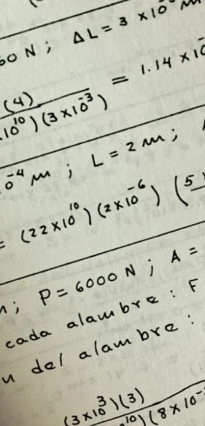 Handwritten physics equations on paper showcasing complex calculations.