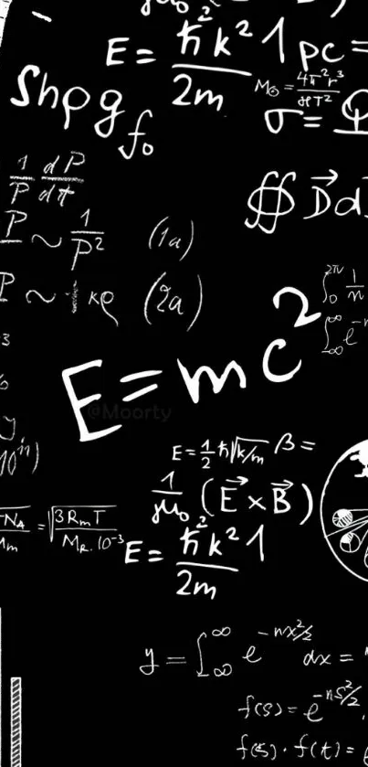 Black wallpaper with white physics equations design.