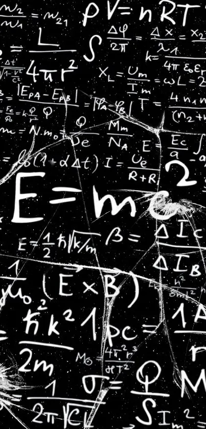 Physics formula chalkboard wallpaper with E=mc^2 and equations.