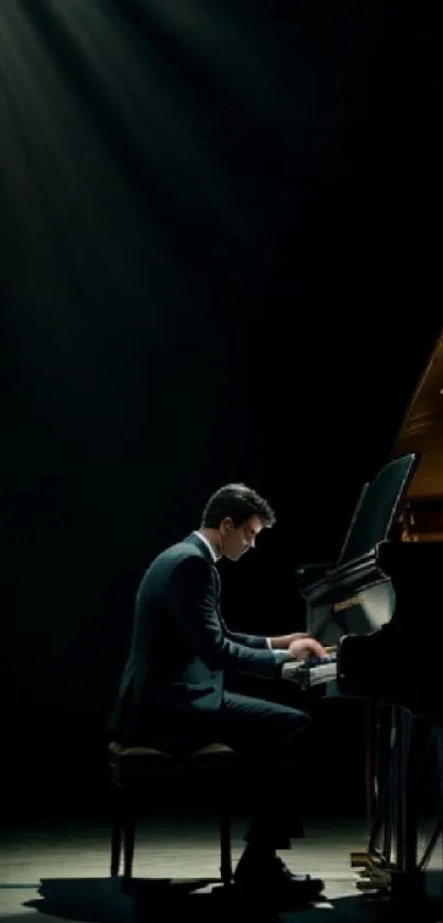 Pianist playing on a stage under soft spotlight, creating a dramatic scene.