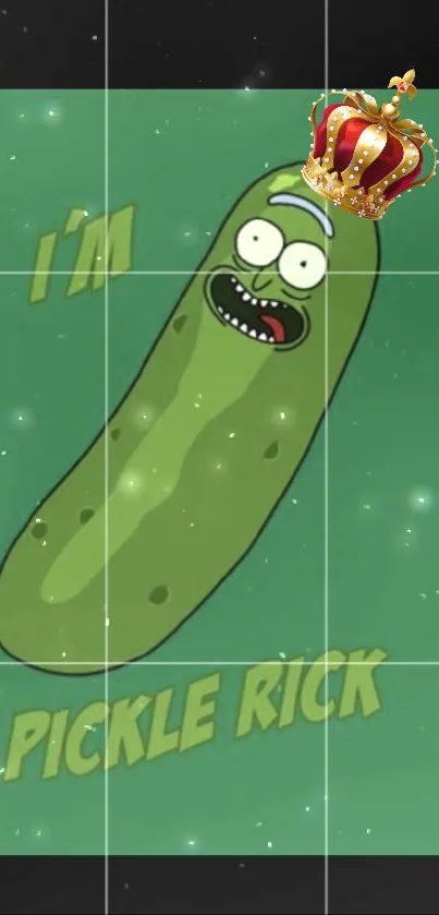 Crowned pickle character on green background with comic style.