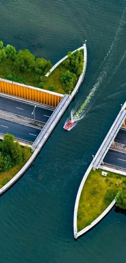 Aerial view of a bridge over a lush green canal with vibrant waters.