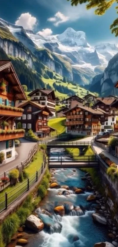 Alpine village with chalets, stream, and mountains under a blue sky.