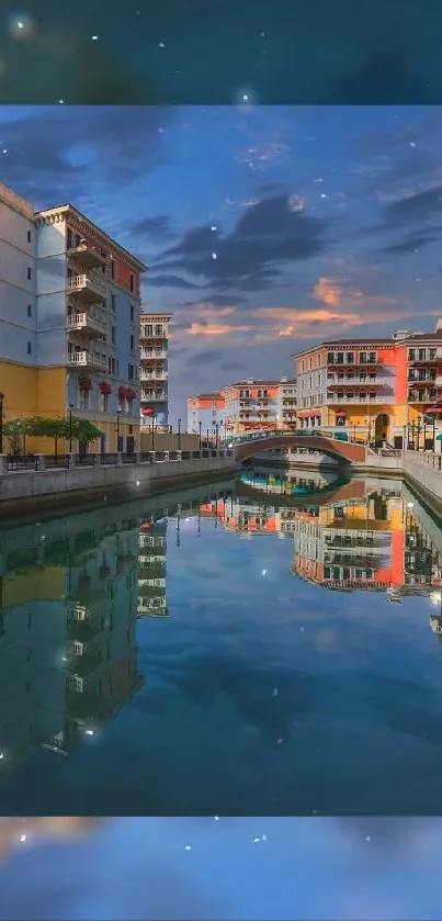 Scenic urban canal with colorful buildings reflected in tranquil waters.