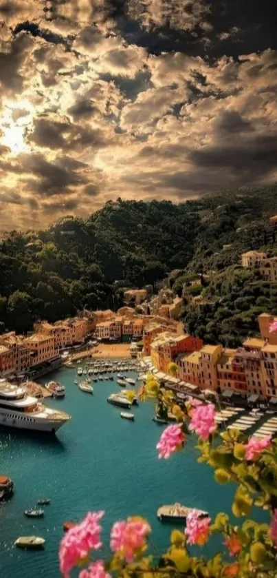 Picturesque coastal village with teal waters, flowers, and yachts under a dramatic sky.