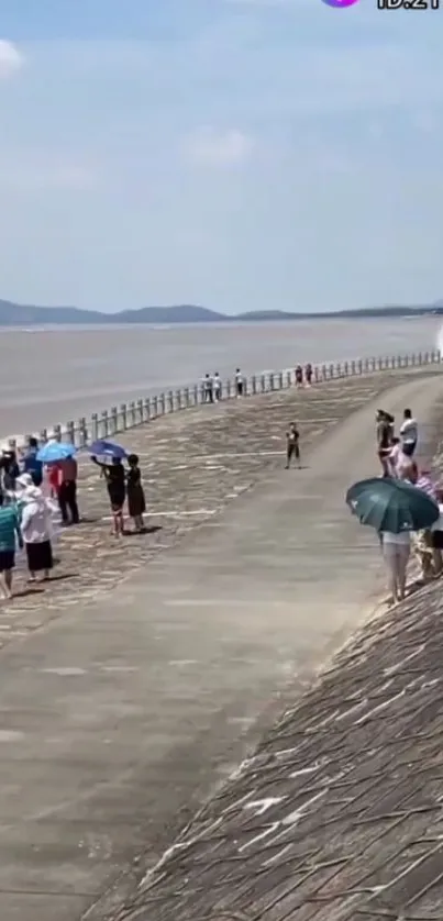 Scenic seaside walkway with people enjoying the beach view under umbrellas.