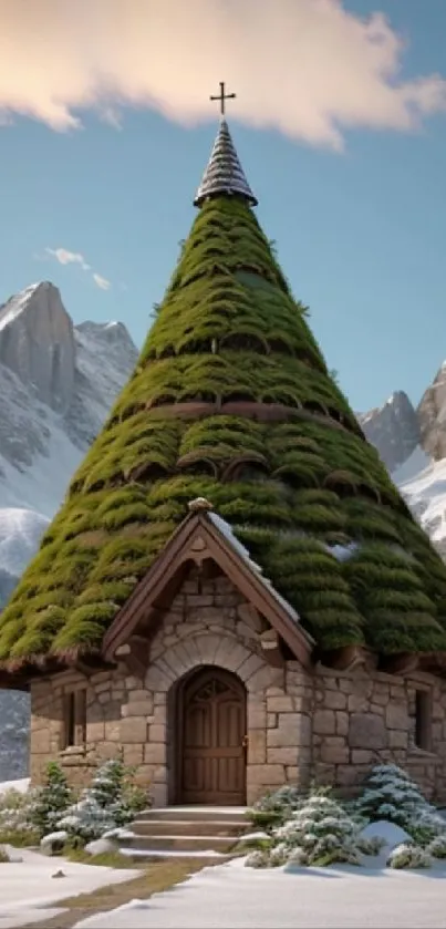 Green-roofed chapel in snowy mountains with clear sky.