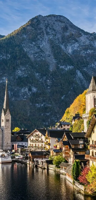 Picturesque mountain village with autumn colors and a tranquil waterfront.