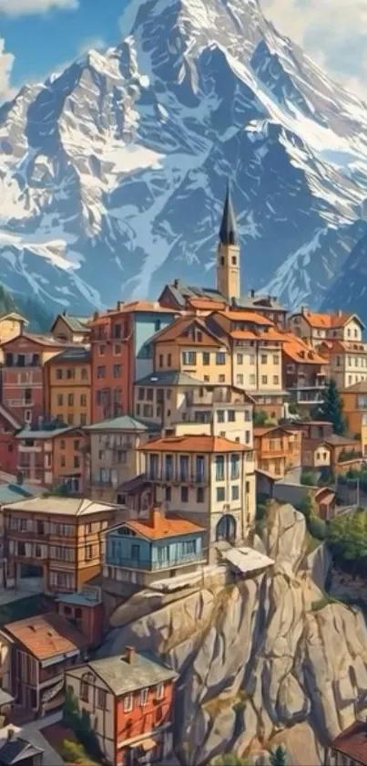 Charming mountain village with snowy peaks.