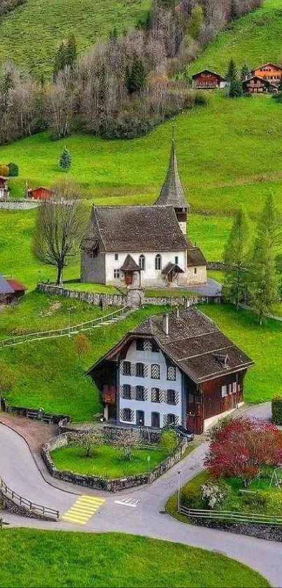 Scenic aerial view of a charming village nestled in lush green countryside.