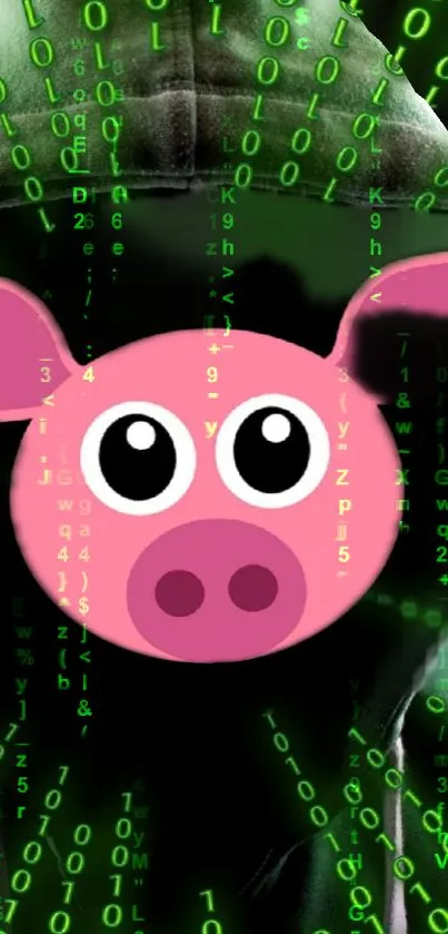 Pink pig emoji with green digital code background.