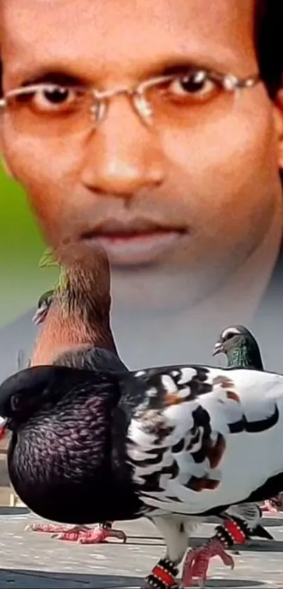 Portrait with vibrant pigeons on green background.