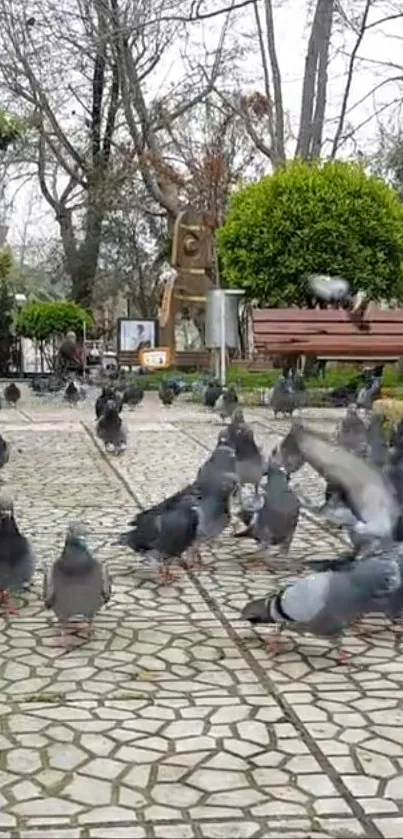 Flock of pigeons gathered in a serene park setting.