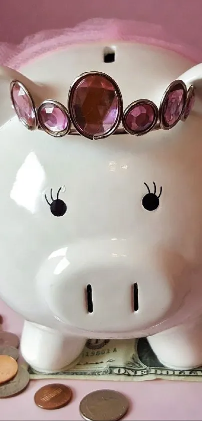 Charming piggy bank with a crown on a pink backdrop.