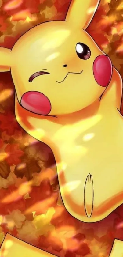 Pikachu winking surrounded by autumn leaves on mobile wallpaper.