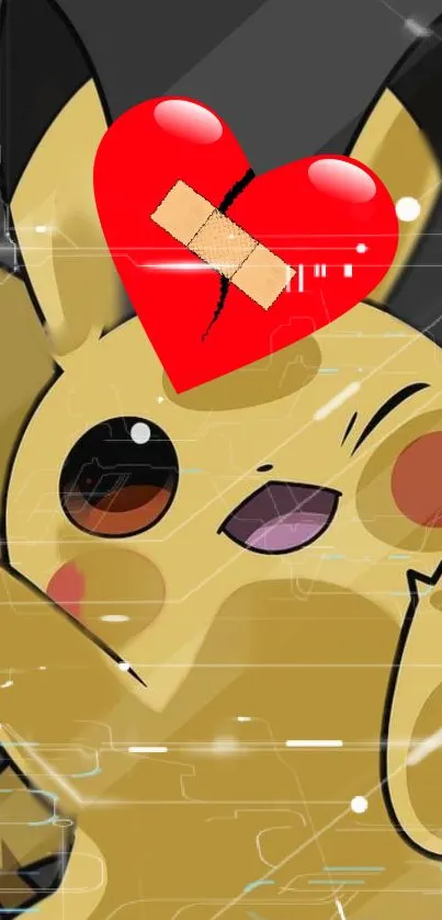 Pikachu with broken heart on pixelated background.