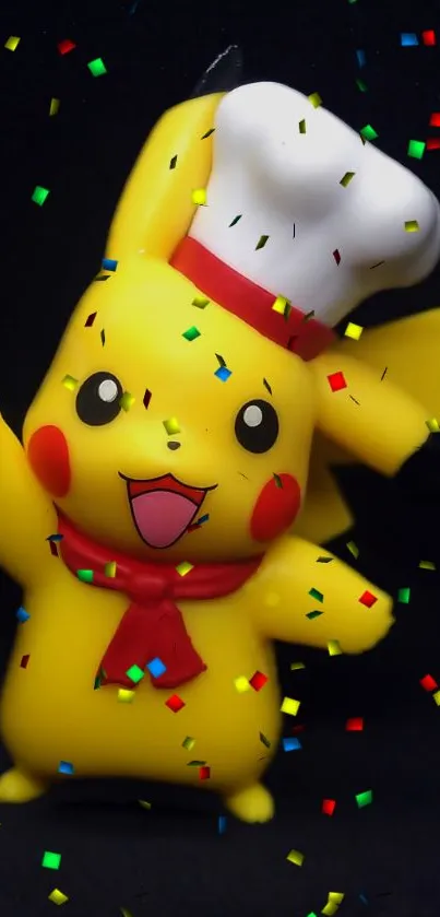 Pikachu dressed as a chef with confetti.